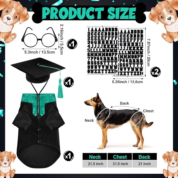 5 Pcs Dog Graduation Costume Set Include 2026 Pet Graduation Gown with Stole Puppy Grad Cap Lensless Glasses DIY Letter Stickers for Dogs Cats Holiday Costume Accessory(Black Green,XL)