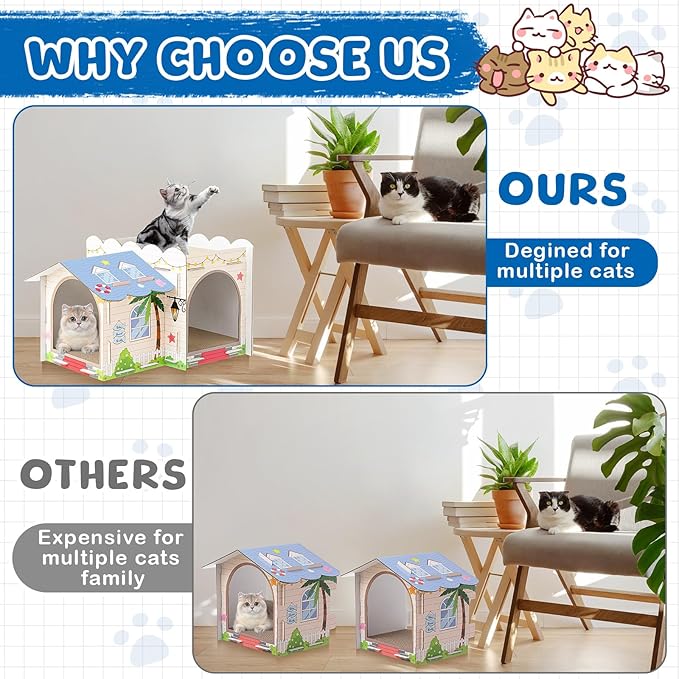 2 Story Cardboard Cat House with Scratcher Pad for Small Kitten,17x12x10 Multi Level Durable Cat Condo & Villa for Bunny Rabbit Small Animals Christmas Birthday Gift(17x12x10,Beach)