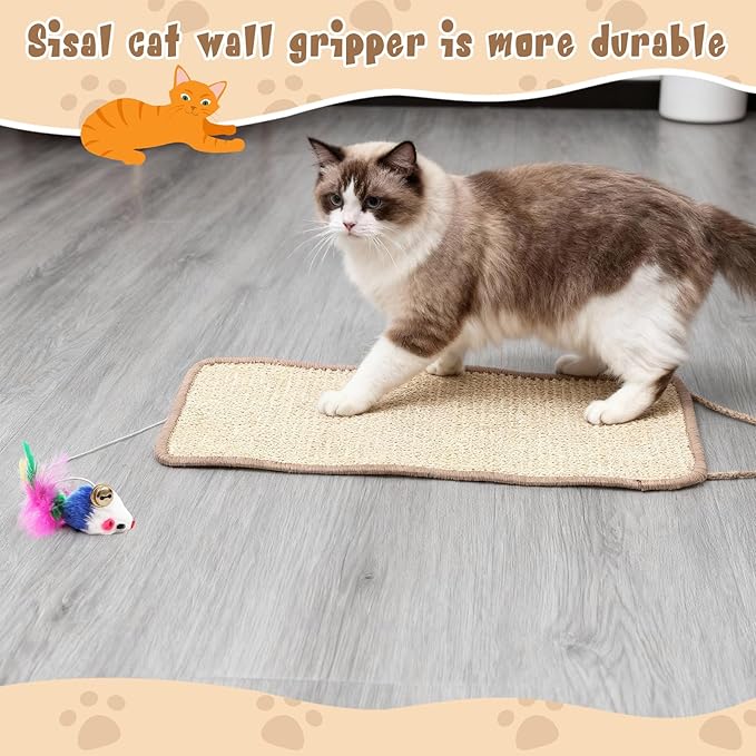 2 Pack Cat Door Toy 7.87"x19.69" Sisal Door Cat Scratching Mat with a Mouse Play Toys Double Use Hanging Scratcher Wall Floor Mount Kitty Scratching Pad for Indoor Kitten with Hemp Rope