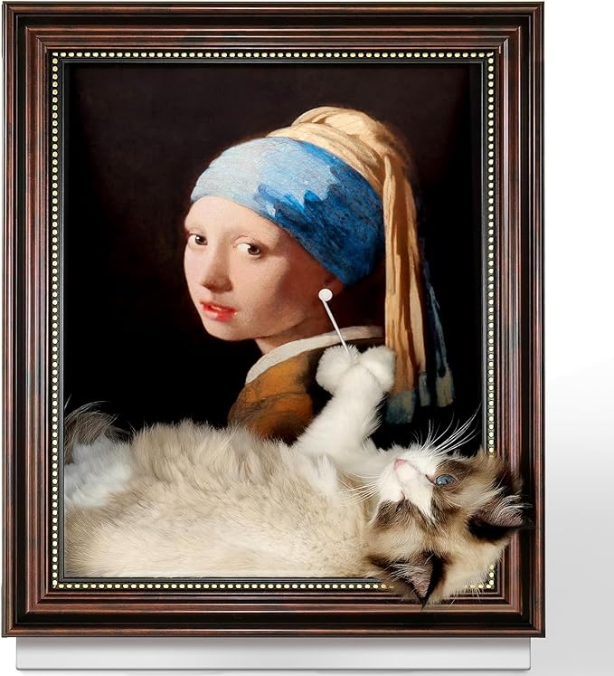 Mona Lisa Cat Bed Painting Cat Scratcher Bed CartBoard Cat House for Indoor Cats Half-Surround Design W/Horizontal Cat Scratcher Scratching Board W/Catnip (Pearl Earrings, Medium - Large)