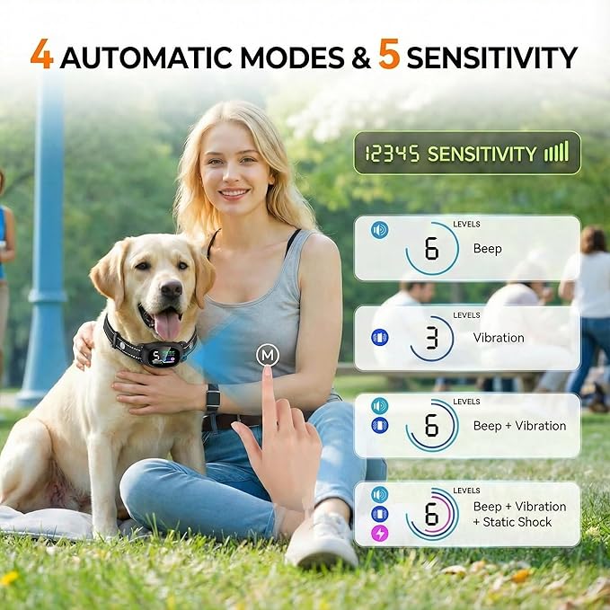 2in1 Bark Collar for Large Medium Small Dogs Shock Collar Smart Rechargeable Anti Stop Barking Device Training Collar Automatic and Manual Mode with Remote Tag Beep Vibrartion Shock for All Breeds