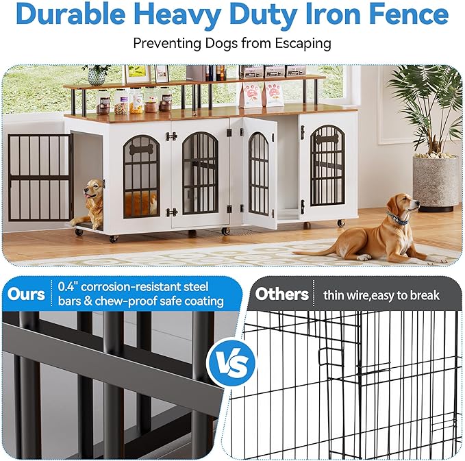 Petrova 63" Dog Crate Furniture for 2 Dogs, Heavy Duty Indoor Dog Kennel for Medium/Large Dogs, Wooden Dog Cage with Removable Divider, 6 Lockable Wheels, Storage Compartment, Beige