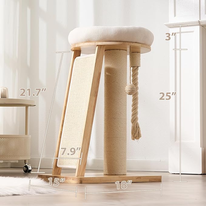 Modern Cat Tree Small Tower with Scratching Post for Indoor, Solid Wood Multifunctional Corner Cat Tree Tower with Bed, Dangling Ball,Interactive Rope, Scratching Board