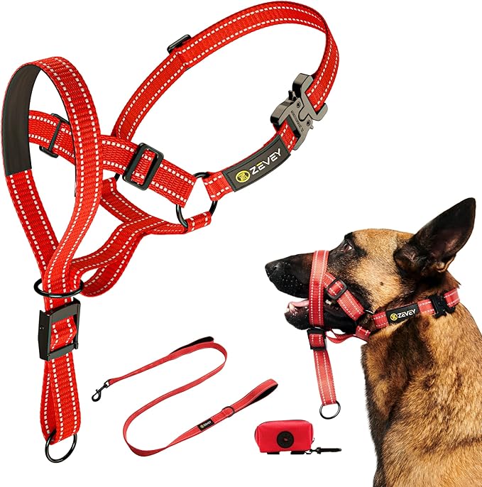 Dog Headcollar with Leash and Safety Strap Stops Heavy Pulling On The Leash Padded Reflective Head Halter for Small Medium Large Dogs Adjustable Head Harness for Training and Walking, (L, RED)