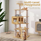CCF 59in Wood Cat Tree for Indoor Cats,Multi-Level Modern Cat Tower with Large Cat Condo,Scratching Post,Acrylic Dome and Funny Toys for Small Large Cats,Natural Color