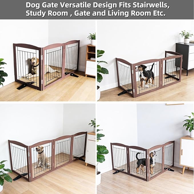 Dog Fence Indoor,Dog Gate Indoor for Doorway pet gate -3-Panel Freestanding, Hallways, House or Stairs -60x32-Inch Retractable Foldable Expandable Wood Pet by SFJC (Brown) ﻿