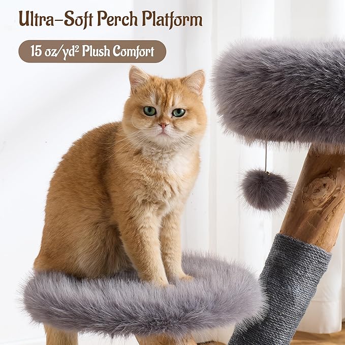 33" Modern Cat Tree for Indoor Cats, Aesthetic Natural Wood Cat Tower with Branch-Style Scratching Posts, Luxury Plush Faux Fur Cat Bed with Natural Loft, Perch & Hanging Ball, Almond Khaki