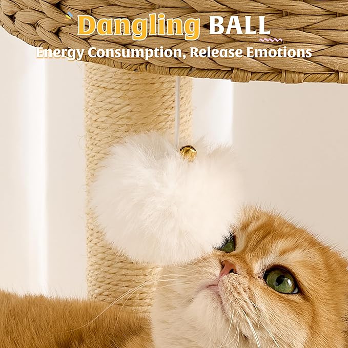 HITTITE Modern Cat Tree Tower with Scratching Post, 47 Inches Tall Cat Towers with Scratching Ball & Pad, Multi-Level Cat Tree with Rattan Bed and Removable Cushions for Indoor Cats Large Adult.