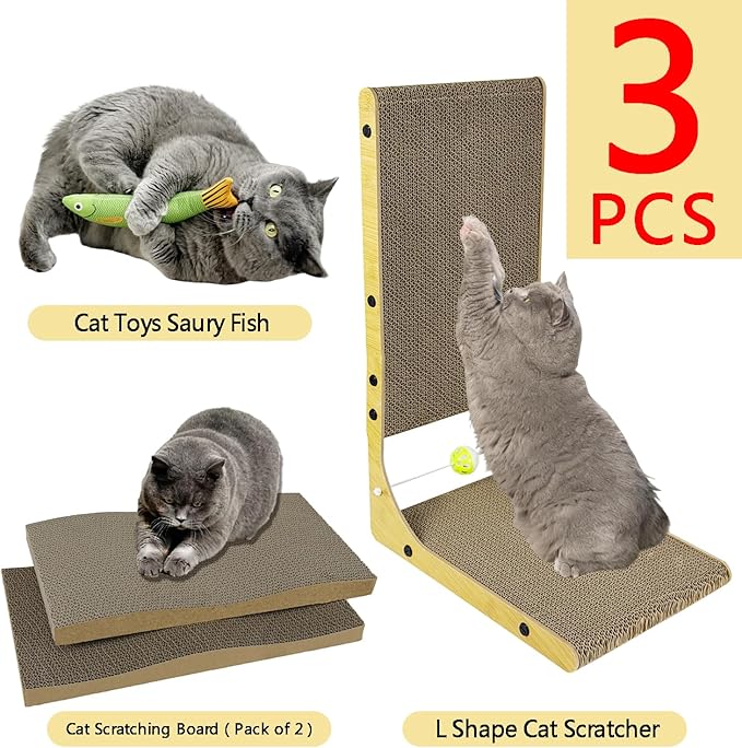 3-Pack WRBTA Cardboard cat Scratcher,L Shape Cat Scratch Pad Wall Mounted, Cat Scratching Cardboard with Ball Toy for Indoor, Cardboard Cat Scratcher with Double-Sided Usability.cat Scratching Post