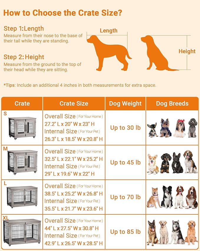 Dog Crate Furniture with Cushion, Wooden Dog Kennel Indoor with Double Doors, Dog Cage with Wheels, Dog House Side End Table for Small Dogs up to 30 lb, 27.2" L, Grey