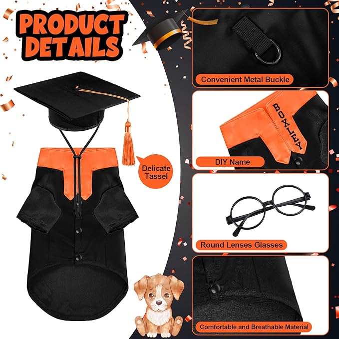 5 Pcs Dog Graduation Costume Set Include 2026 Pet Graduation Gown with Stole Puppy Grad Cap Lensless Glasses DIY Letter Stickers for Dogs Cats Holiday Costume Accessory(Black Orange,L)