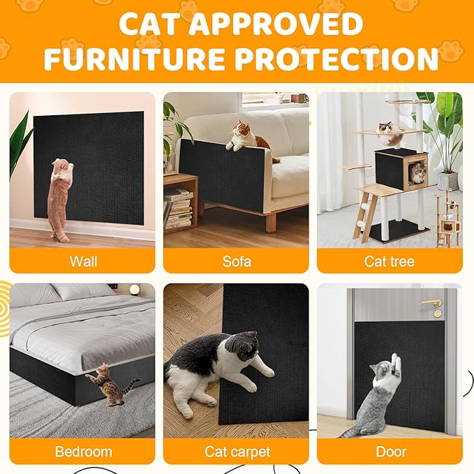 Cat Scratching Mat Self-Adhesive, 78.7'' x 15.8'' Trimmable Cat Scratch Pads Furniture Protector, DIY Climbing Cats Scratching Carpet for Couch, Door Frame or Wall Corner Protector (Black)