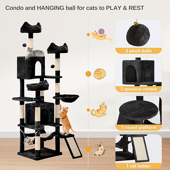 DWVO 75 in Multi-Level Cat Tower: Tall Cats Tree for Indoor Kittens, Pet Furniture with Kitty Condos, Top Perches, Sisal Ramp Scratching Posts, Cozy Basket, Hammocks, Black