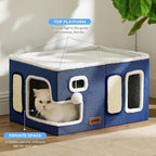 Extra-Wide Cat House for Indoor Cats - Large Cat House for Pet with Fluffy Ball Hanging and Scratch Pad, Foldable Cat Hideaway for Multi Cats, 23x16.5x13 inches, Green