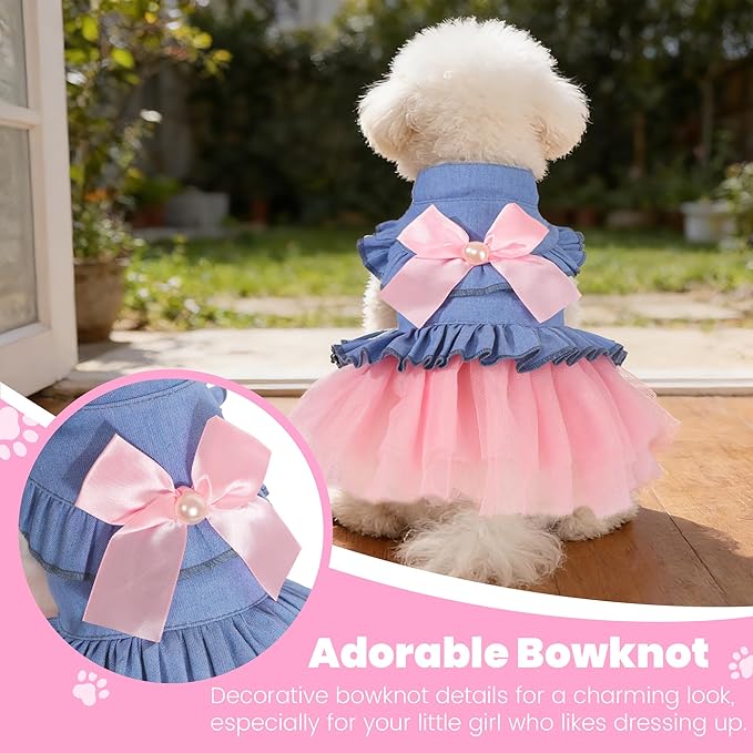 Dog Dress, Fashion Puppy Tutu Princess Dresses for Small Dogs Girl, Sweet Skirt with Dog Bowknot Clips, Spring Dog Cat Clothes Pet Apparel (Denim Princess Dress, Medium)