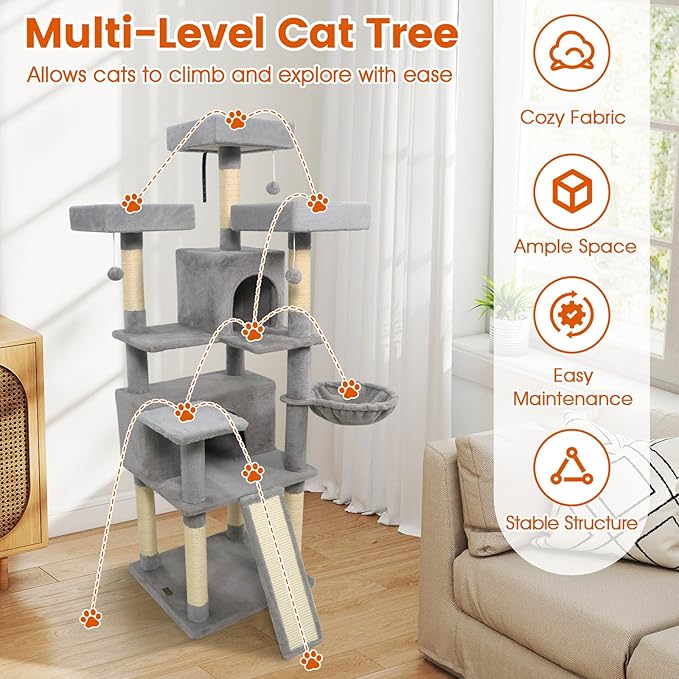 PETSITE Multi-Level Cat Tree, 65 Inches Tall with Sisal Scratching Posts, Condos, Rotatable Cat Basket, Dangling Balls, and Sisal Ladder, Ideal for Indoor Cats to Play and Rest (Grey)