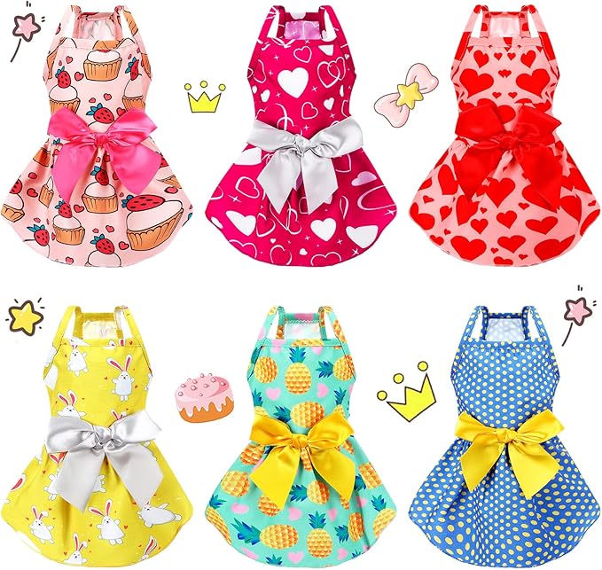 Frienda 6 Pieces Bowknot Princes Puppy Dog Dress Floral Vest Skirt Summer Pet Dress Dog Cute Rosette Sundress Apparel for Puppy Cat Pet(M)