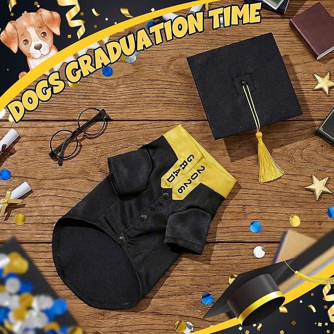 5 Pcs Dog Graduation Costume Set Include 2026 Pet Graduation Gown with Stole Puppy Grad Cap Lensless Glasses DIY Letter Stickers for Dogs Cats Holiday Costume Accessory(Black Yellow,XXL)