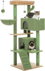 PEQULTI 56.3'' Cat Tree for Large Cats with Super Large Top Perch, Tower for Indoor Cats with Hammock and Sleeping Bag, Cat Shelves with Scratching Posts and 2 Condos Houses Green