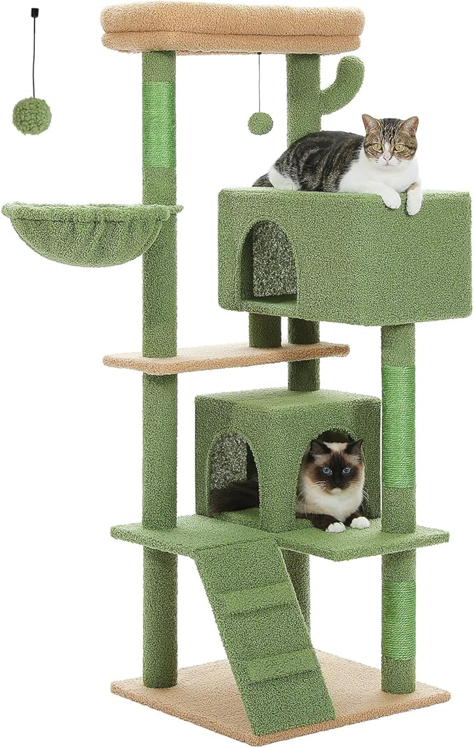 PEQULTI 56.3'' Cat Tree for Large Cats with Super Large Top Perch, Tower for Indoor Cats with Hammock and Sleeping Bag, Cat Shelves with Scratching Posts and 2 Condos Houses Green