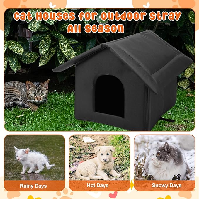 2Pcs Black Cat Houses for Outdoor Stray Cats Shelter Weatherproof Outdoor Cat House Indoor Foldable Warm Pet Cave for Feral Cat Dog Winter Wild Animal