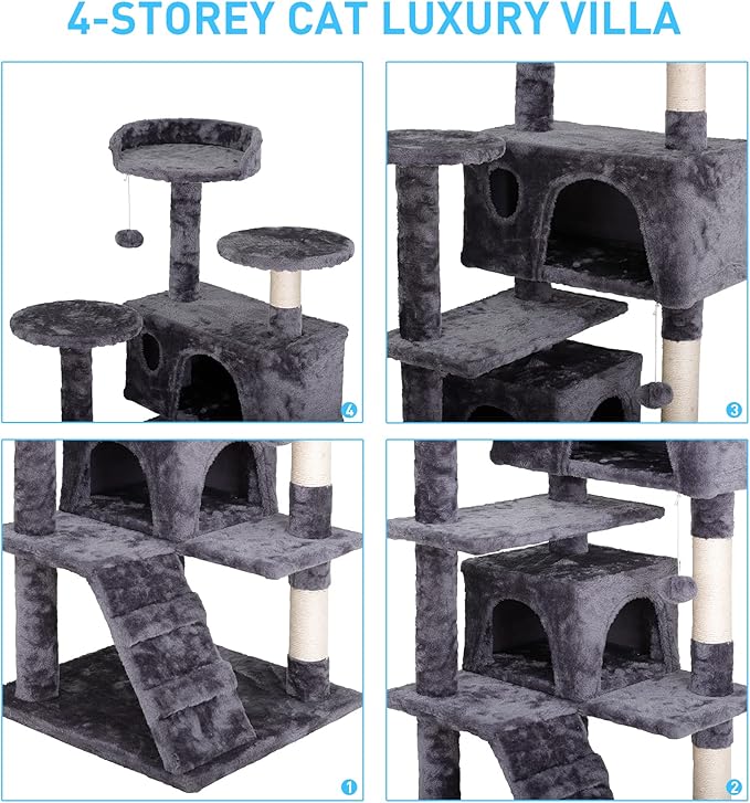 54-Inch Cat Tree Multi-Level Condo Tower Bed Furniture Kitten Play House with Scratching Posts, Dark Grey