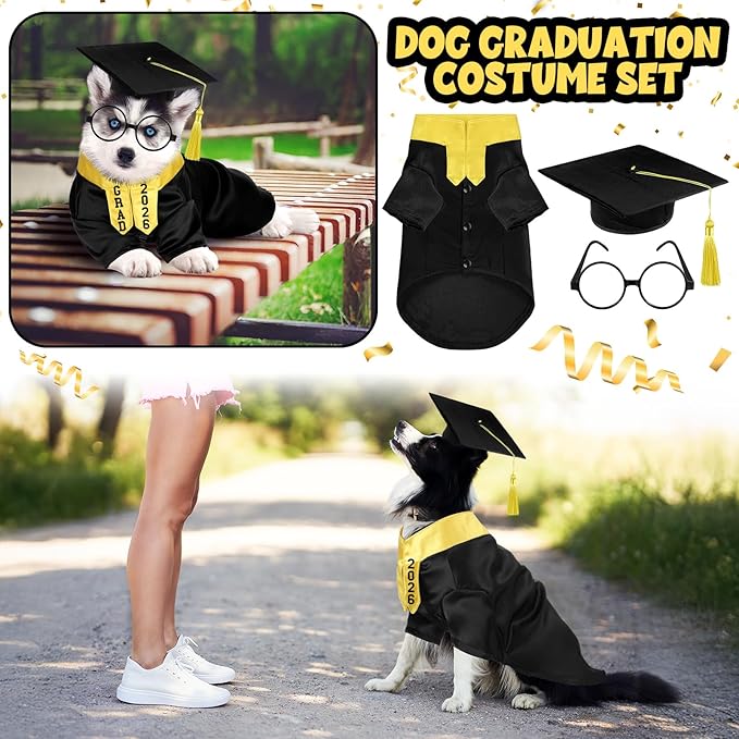 5 Pcs Dog Graduation Costume Set Include 2026 Pet Graduation Gown with Stole Puppy Grad Cap Lensless Glasses DIY Letter Stickers for Dogs Cats Holiday Costume Accessory(Black Yellow,XL)