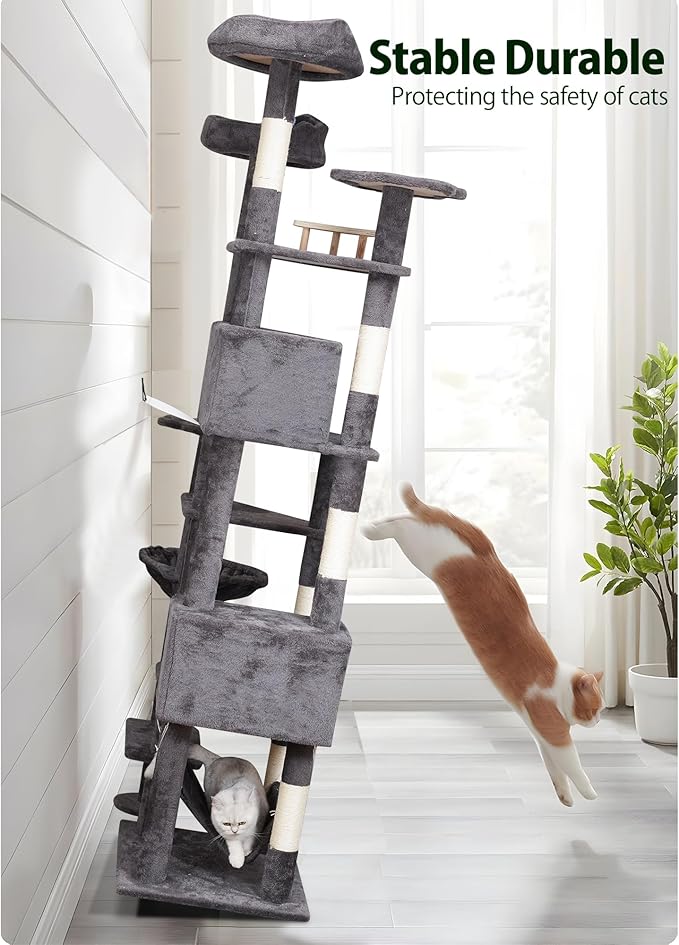 79in Giant Cat Tree for Heavy Duty Big Cats, Large Cat Trees with Scratching Post, Cat Tree Tower with Cat Condos, Hammock & Plush Perch for Maine Coon, Smoky Gray
