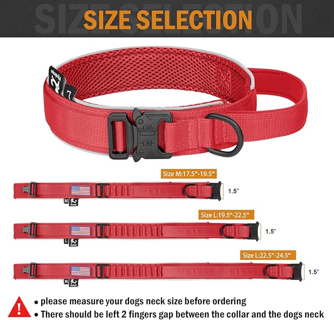 HYDEME Tactical Dog Collar, Alpine Loop Adjustable Military Training Nylon Dog Collars with Handle and Reflective for Small Medium Large Dogs, with Airtags Protective Case & Patches.(L,Red)