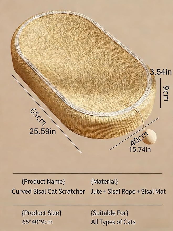 Cat Scratching Post and Cat Mat - 24 Inch Durable Sisal Rope with Interactive Ball, 3-in-1 Cat Scratcher Cardboard Bed for Indoor Cats to Play, Round-Oval Rest and Scratch (Simplified Version)