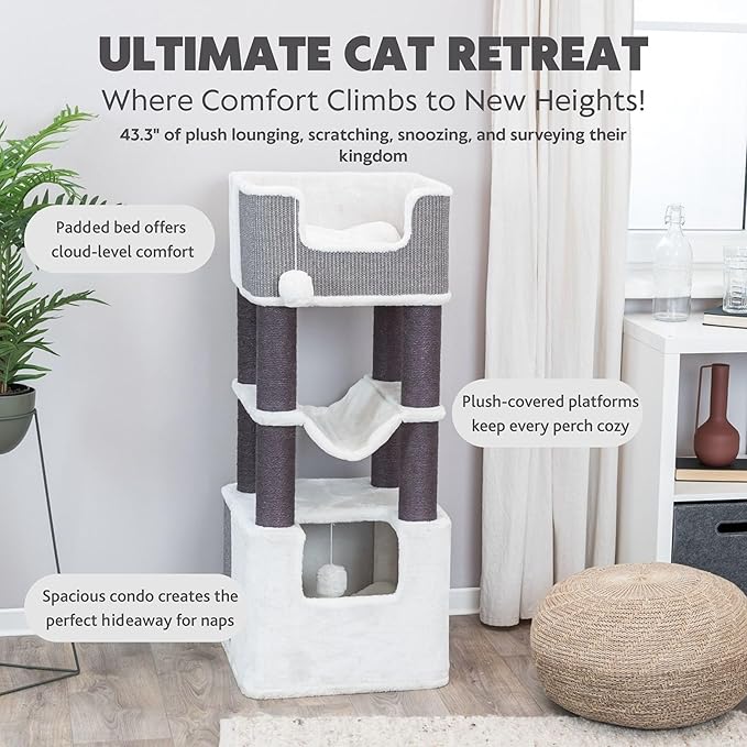 Trixie Lucano XXL Cat Tree, 43.3 -in Cat Tower with 8 Jute Scratching Posts, Hammock & Plush & Sisal Covered Condo, Sturdy Base, Interactive Pom-Poms, Indoor Furniture for Climbing & Relaxation, Gray