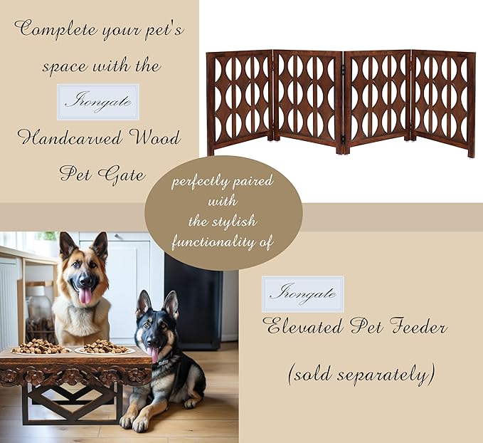 Wooden Foldable Pet Dog Safety Gate - 4 Panels Arc 20 W x 24 H- Hand Carved Solid Wood & MDF- Free Standing Portable Indoor Doorway Hall Stairs Puppy Fence -Fully Assembled- Cinnamon Brown -IRONGATE