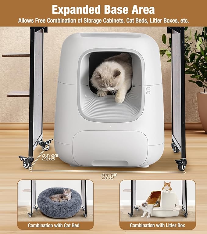 Cat Tower with Litter Box Enclosure, Wooden Cat Tree Tower with Scratching Post, Sturdy Metal Frame Cat Furniture with Adjustable Bed & Anti-Tipping Design, Mobile Cat Condo for Indoor Cats