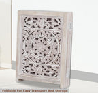 Wooden Foldable Pet Dog Safety Gate - 3 Panel 20" W x 24" H - Hand Carved Suzani Free Standing Portable Indoor Puppy Gate - Doorway Hall Stairs Dog Fence - Assembled - White Wash - IRONGATE