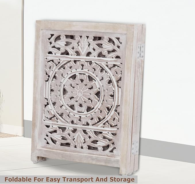 Wooden Foldable Pet Dog Safety Gate - 3 Panel 20" W x 24" H - Hand Carved Suzani Free Standing Portable Indoor Puppy Gate - Doorway Hall Stairs Dog Fence - Assembled - White Wash - IRONGATE