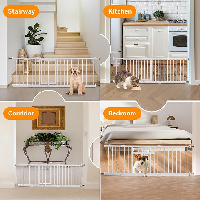 18" Height Short Dog Gate with Small Cat Door, Adjustable 18"-48" Extra Wide Pet Gate with 4 Extension Kits Pressure Mounted for Doorways and Stairs, White