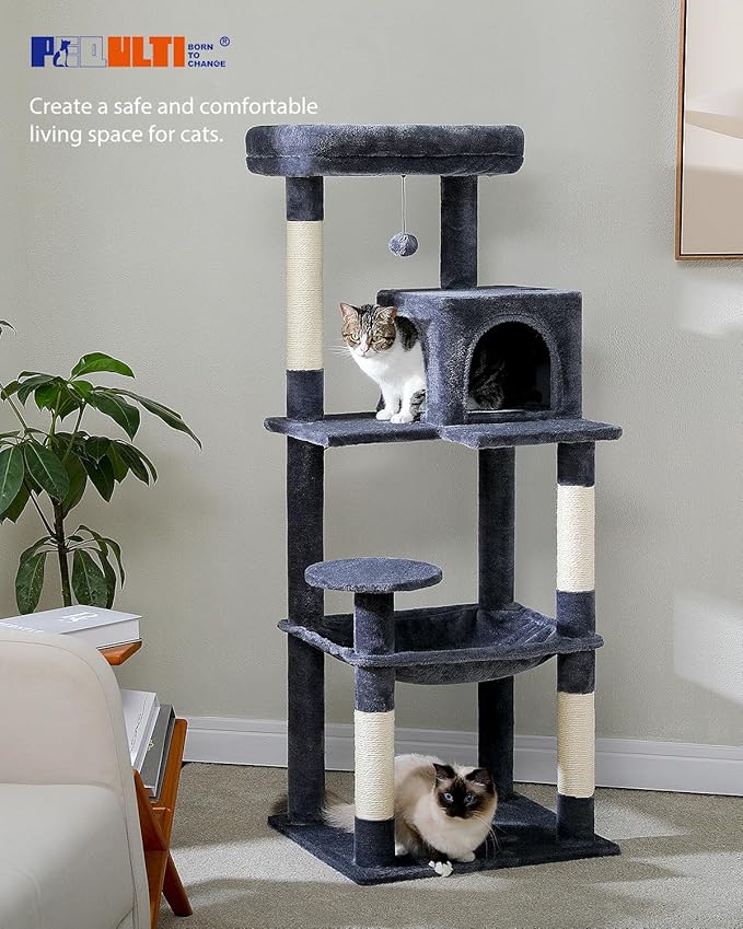 PEQULTI Cat Tree for Large Cats with Metal Frame Big Hammock, Cat Tower for Indoor Cats with 2 Door Condo House, [56.3"=143cm] Multi-Level Cat Shelves with Scratching Posts and Top Perch, Dark Grey