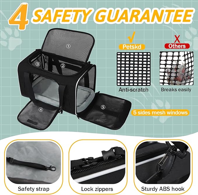 Petskd Pet Carrier 18x13x9.5 Southwest Airline Approved, Pet Travel Carrier Bag for Small Cats and Dogs, Soft Dog Carrier for 1-15 LBS Pets,Dog Cat Carrier with Safety Lock Zipper (Black)