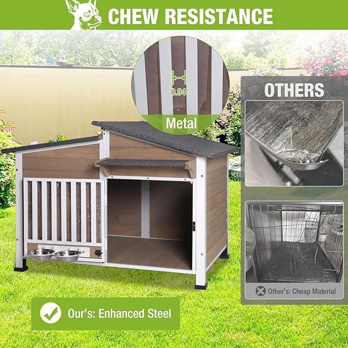 GUTINNEEN Heated Dog House Outdoor with Heating Pad and Insulated Liner, Wooden Dog Kennel with Anti-Chewing Metal Frame, Weatherproof Dog Shelter with Bowls for Outdoor or Indoor Use (Light Brown)