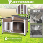 GUTINNEEN Heated Dog House Outdoor with Heating Pad and Insulated Liner, Wooden Dog Kennel with Anti-Chewing Metal Frame, Weatherproof Dog Shelter with Bowls for Outdoor or Indoor Use (Light Brown)