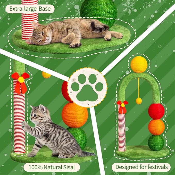 Christmas Cat Tree Tower with Scratching Post, 29 Inch Holiday Themed Cat Furniture with Candy Cane Striped Sisal Post, Dangling Toys, Plush Balls, 15.7x12.6x28.7 Inches