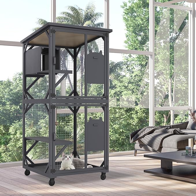 ROOMTEC Catio Outdoor Enclosure With Roof 71" Height Wooden House Large Cage With 3 Jumping Platforms and 1 Napping House for Cat Activity (Grey)