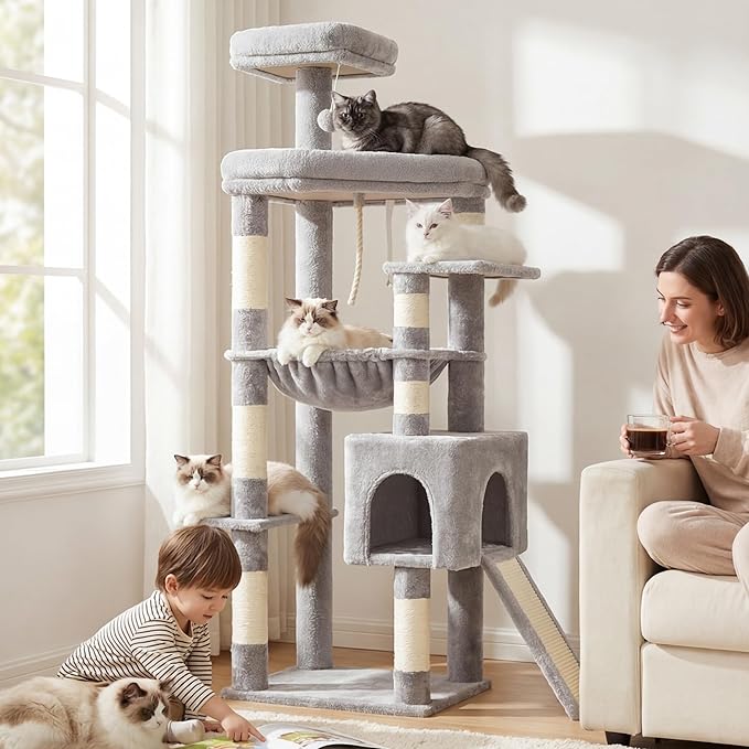 Heybly Heavy Duty Cat Tree, 64.2-Inch Tall Tower for Large Indoor Cats with Widened Structure, Cat Furniture with Big Platforms, Extra-Large Hammock, Sisal Scratching Posts & Board, Light Gray HCT027W