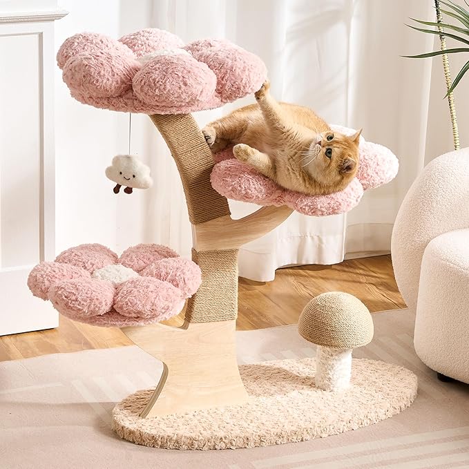 797Audio Flower Cat Tree, 37" Wood Branch Cat Tower, Pink Cloud Cat Tree with Scratching Post for Indoor Adult Cats, Luxury Cat Tree with Mushroom Cat Scratcher & Interactive Squeaky Toy