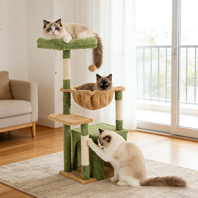 Cat Tree for Indoor Cats, 39.8-inch Cat Tower with 2 Plush Perches for Play & Rest, 1 Cozy Hideaway, Dangling Toy & Full Sisal Scratching Posts for Indoor Cats, Green