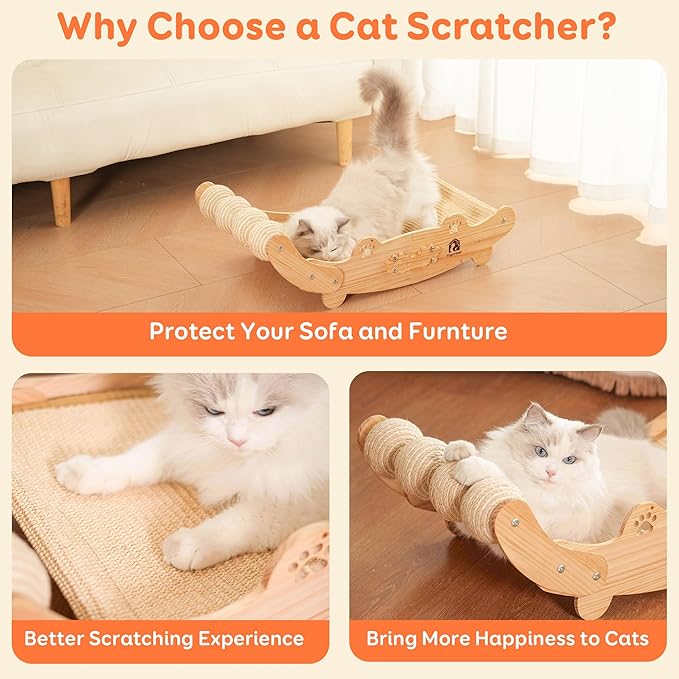 Large Sisal Cat Scratch Pad, Nartural Soild Wood Cat Scratcher Bed with Sisal Scratching Felt and 4 Balls for Indoor Cats Scratch & Lounger & Sleep (Large Size, Nature Wood)