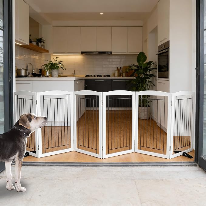 Dog Fence Indoor,Dog Gate Indoor for Doorway pet gate -6-Panel Freestanding, Hallways, House or Stairs -120x32-Inch Retractable Foldable Expandable Wood Pet by SFJC (White)