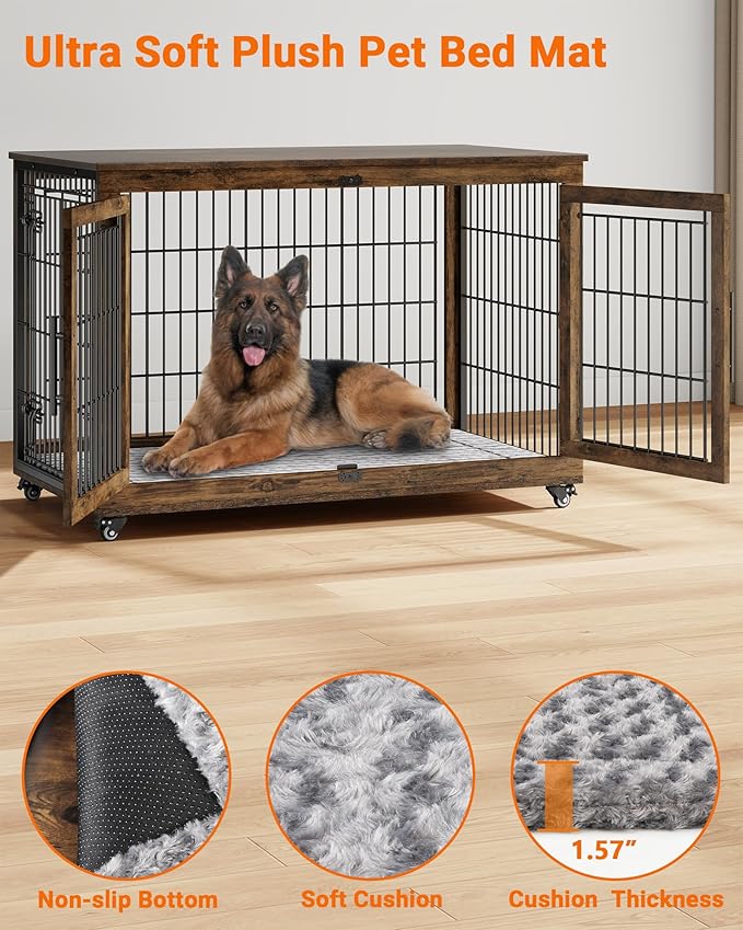 Dog Crate Furniture with Cushion, Wooden Dog Kennel Indoor with Double Doors, Dog Cage with Wheels, Dog House Side End Table for Large Dogs up to 85 lb, 44" L, Rustic Brown