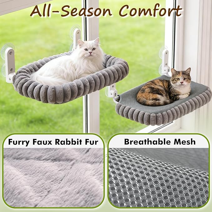 2PC Cat Window Perch with Bolster Foldable Cat Hammock Cushion Bed for Window with Metal Frame, Cloud-Cuddle Cordless Window Resting Seat for Indoor Cats (Cushion Bed, Gray-M)