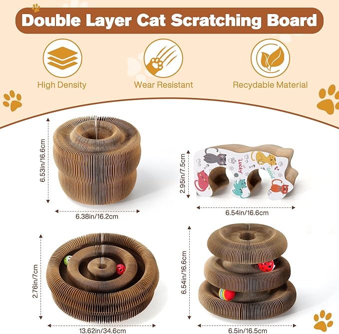 2 PCS Magic Organ Cat Scratcher Board with 6 Balls, Foldable Recyclable Accordion Cats Toy with Ball and Track Adventure, Cat Scratching Pad, Retractable Reversible Furniture Protector(Brown)